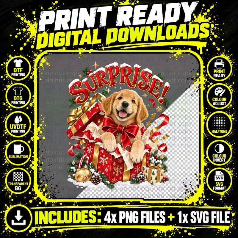 Golden Retriever Puppy Christmas Surprise Funny Dog Png SVG Digital Bundle