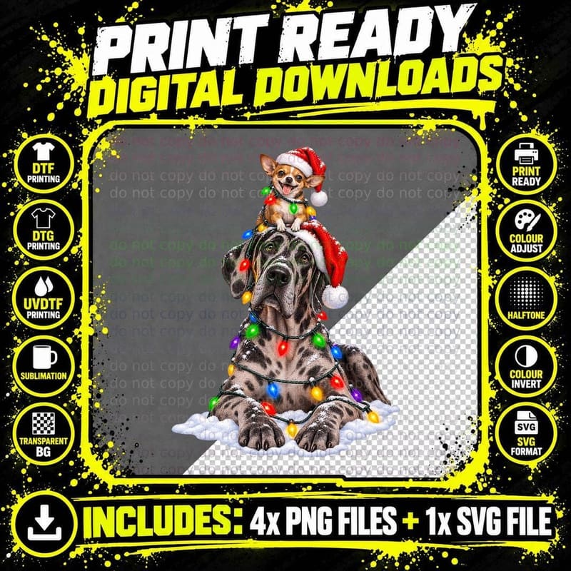 Great Dane Chihuahua Christmas Dogs Santa Holiday Funny Png SVG Digital Bundle