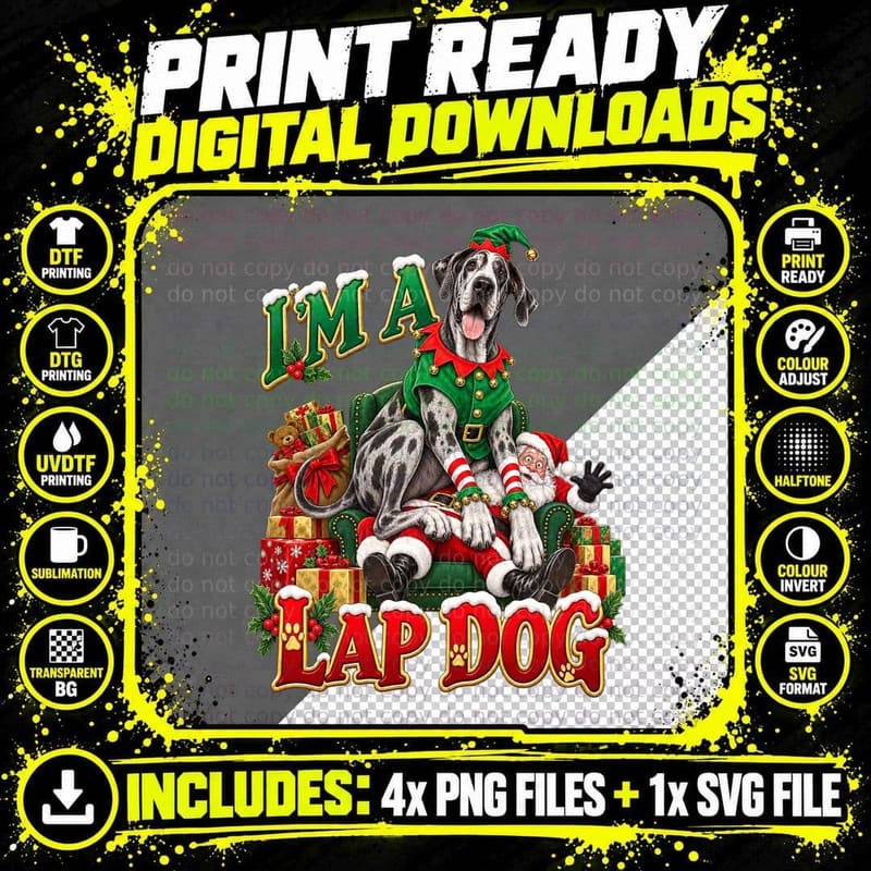 Great Dane Christmas Lap Dog Funny Elf Santa Festive Png SVG Digital Bundle