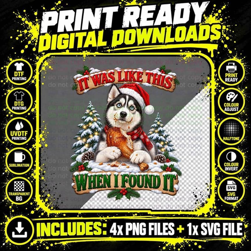 Husky Christmas Turkey Dog Holiday Retro Cartoon Winter Png SVG Digital Bundle