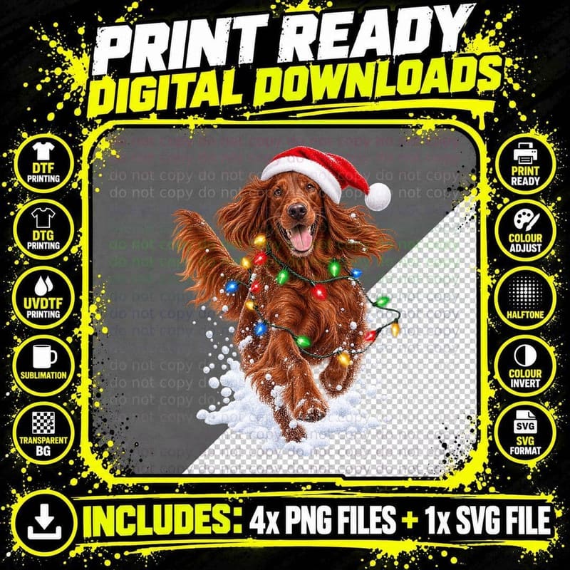 Irish Setter Christmas Dog Santa Hat Snow Fairy Lights Png SVG Digital Bundle