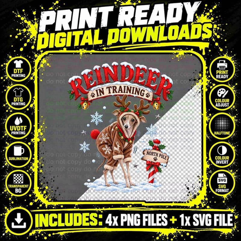 Italian Greyhound Christmas Reindeer In Training Funny Png SVG Digital Bundle