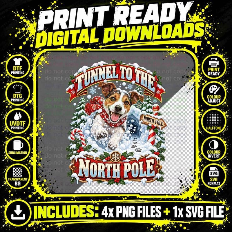 Tunnel To The North Pole Jack Russell Terrier Christmas Digging Snow Dog T-Shirt Png SVG Digital Bundle