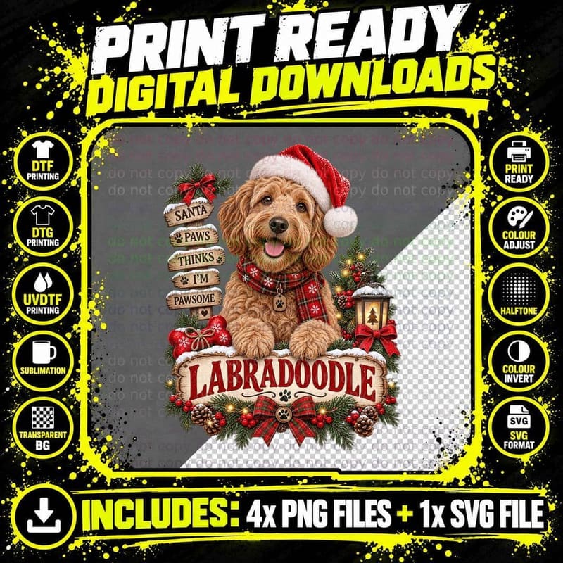Labradoodle Christmas Doodle All The Way Funny Holiday Png SVG Digital Bundle