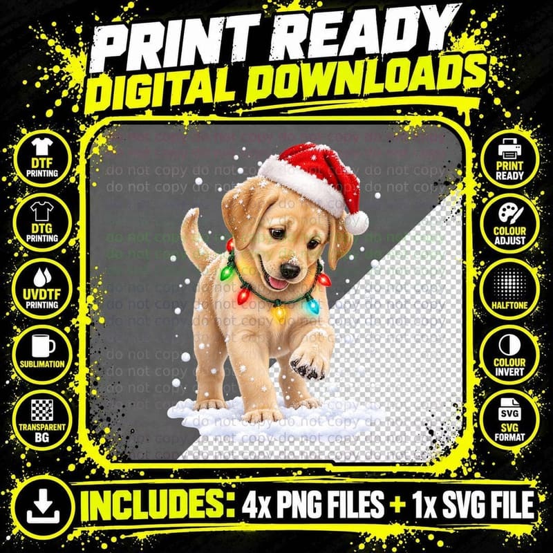 Labrador Puppy Christmas Santa Hat Fairy Lights Snow Png SVG Digital Bundle