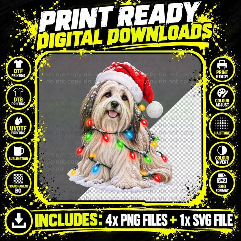 Lhasa Apso Christmas Fairy Lights Santa Hat Cute Holiday Png SVG Digital Bundle