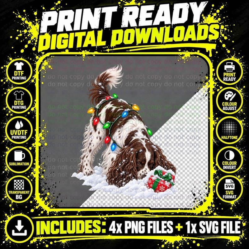 Liver White Springer Spaniel Christmas Dog Vintage Png SVG Digital Bundle