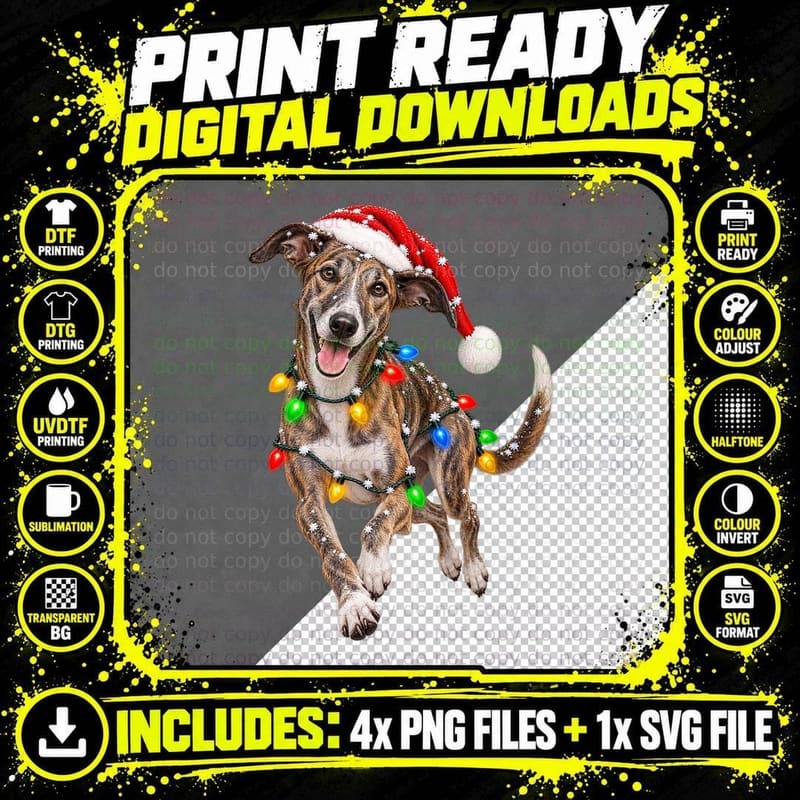 Lurcher Christmas Santa Hat Fairy Lights Fireside Snow Png SVG Digital Bundle