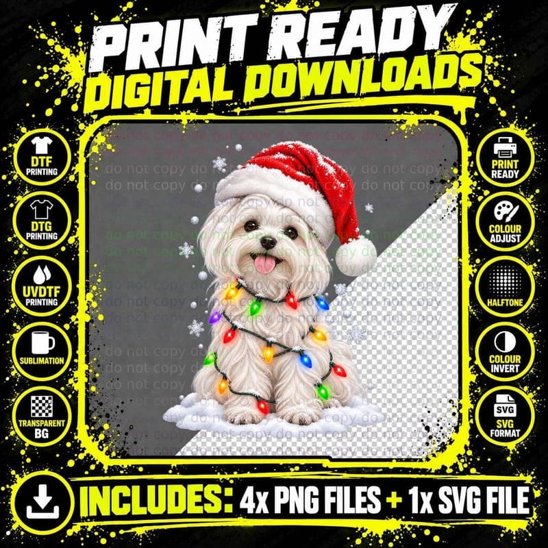 Maltese Christmas Dog Santa Hat Fairy Lights Snow Png SVG Digital Bundle
