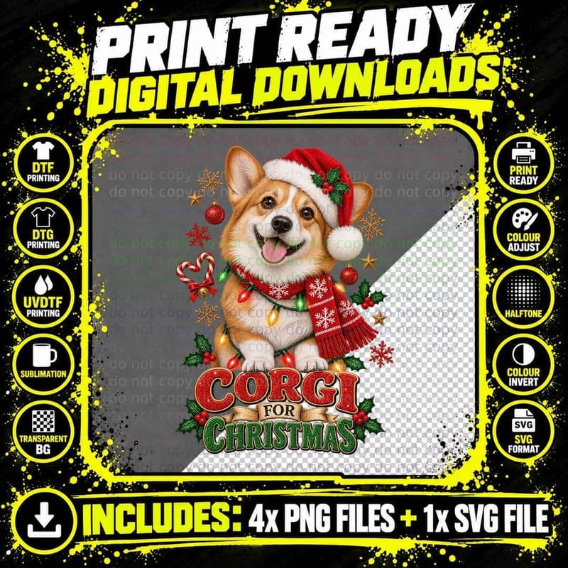 Corgi For Christmas Santa Hat Knitted Scarf Fairy Lights Cute Dog T-Shirt Png SVG Digital Bundle