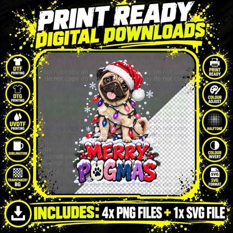Merry Pugmas Pug Christmas Santa Hat Tangled Fairy Lights Funny Dog T-Shirt Png SVG Digital Bundle