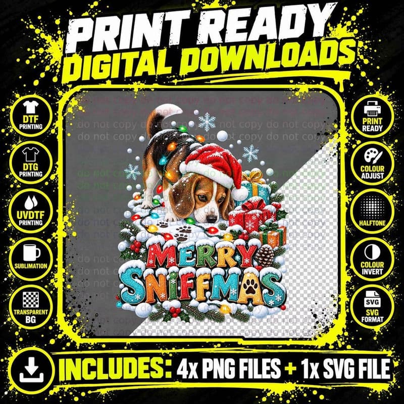 Merry Sniffmas Beagle Christmas Sniffing Presents Santa Hat Funny Dog T-Shirt Png SVG Digital Bundle