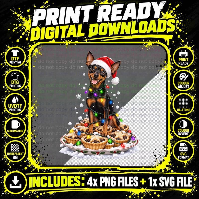 Miniature Pinscher Christmas Dog Mince Pies Santa Hat Png SVG Digital Bundle