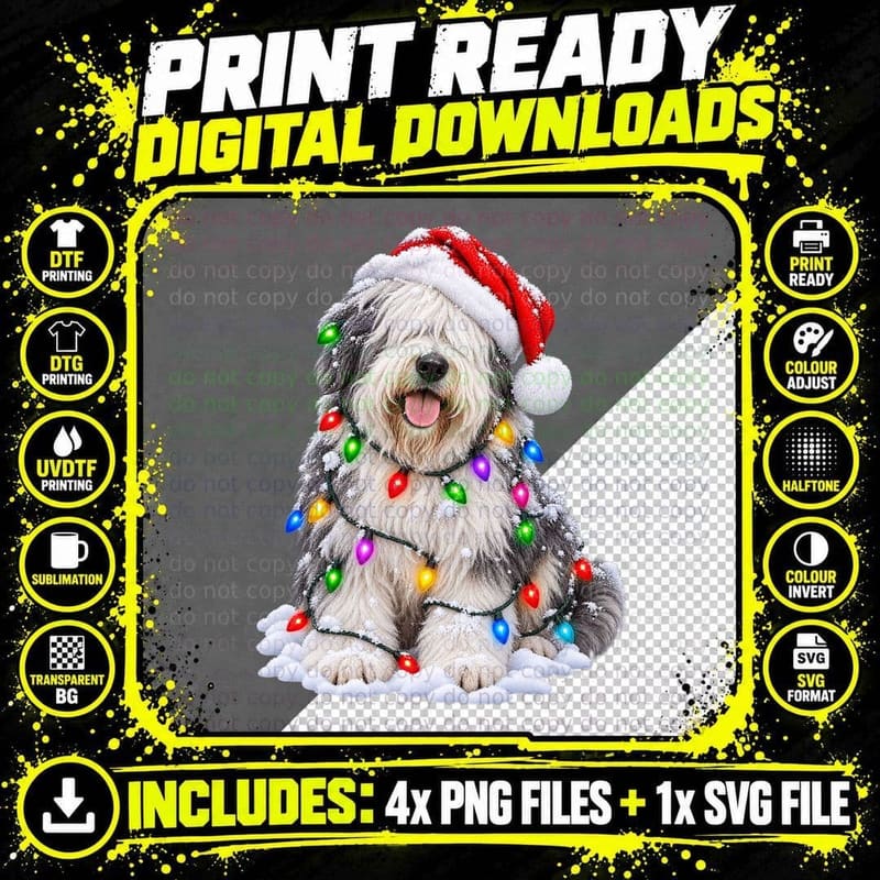 Old English Sheepdog Christmas Dog Lover Holiday Tee Png SVG Digital Bundle