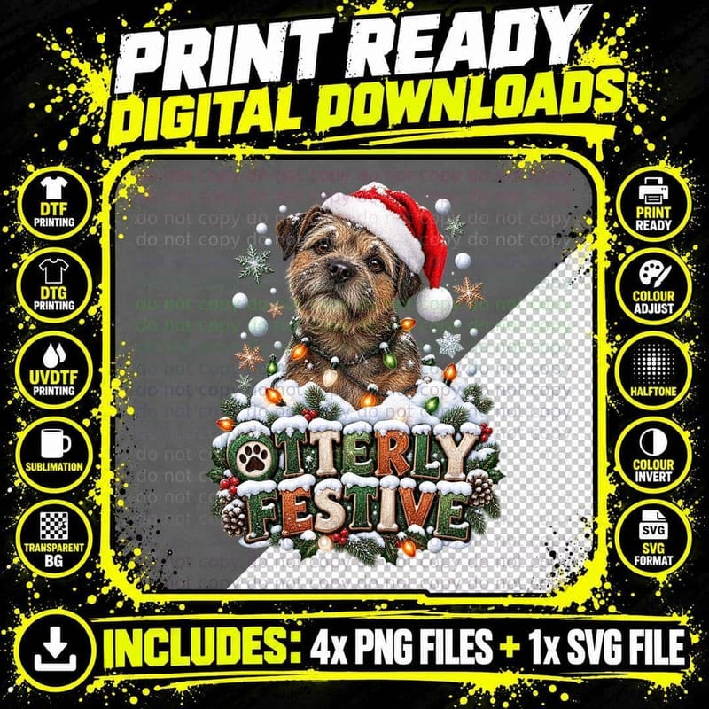 Otterly Festive Border Terrier Christmas Santa Hat Fairy Lights Dog T-Shirt Png SVG Digital Bundle