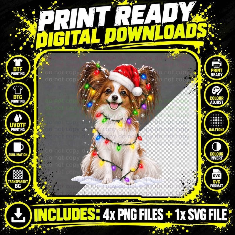 Papillon Christmas Dog Santa Hat Fairy Lights Snow Png SVG Digital Bundle