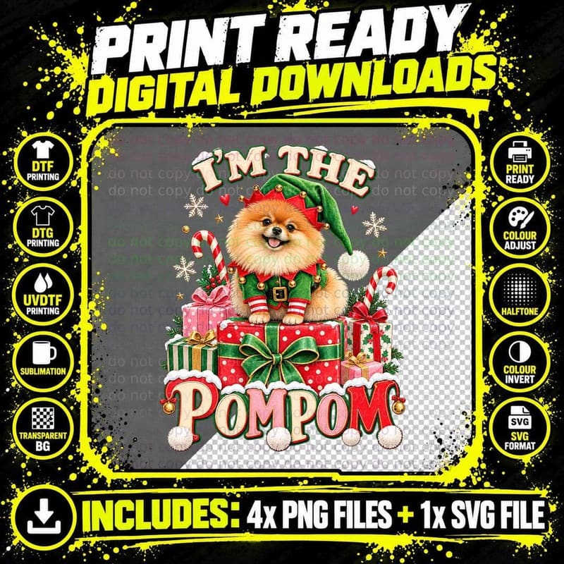 Pomeranian Christmas Elf Funny Pom Pom Dog Vintage Png SVG Digital Bundle