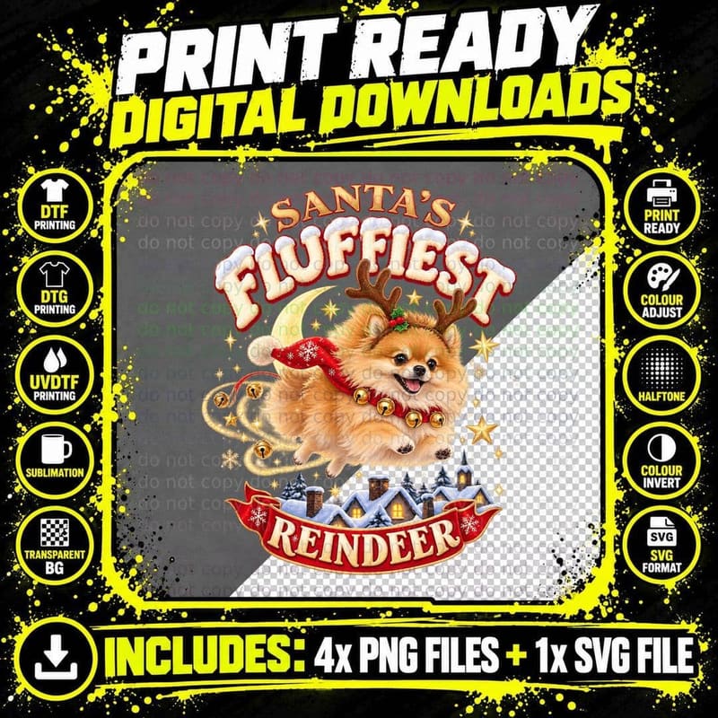 Pomeranian Christmas Reindeer Santa's Fluffiest Funny Png SVG Digital Bundle