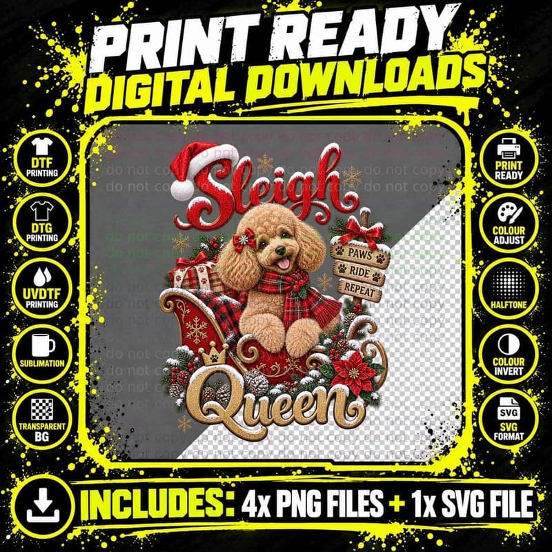 Sleigh Queen Apricot Poodle Christmas Tartan Scarf Paws Ride Repeat T-Shirt Png SVG Digital Bundle