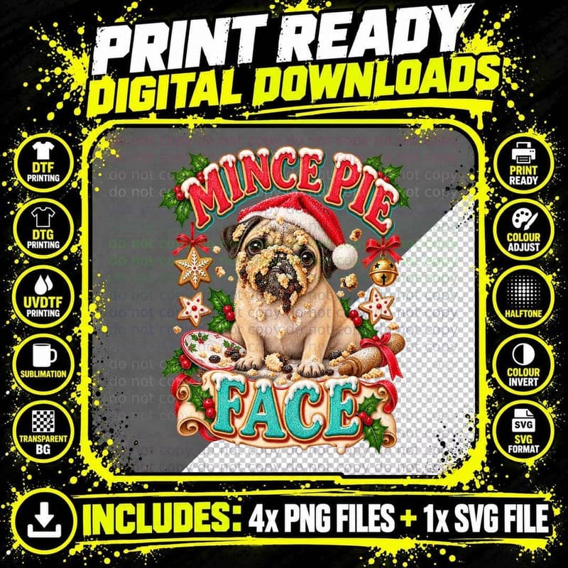Pug Christmas Mince Pie Face Watercolor Funny Holiday Png SVG Digital Bundle