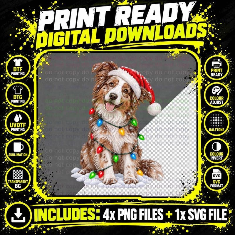 Red Merle Border Collie Christmas Dog Vintage Painted Png SVG Digital Bundle