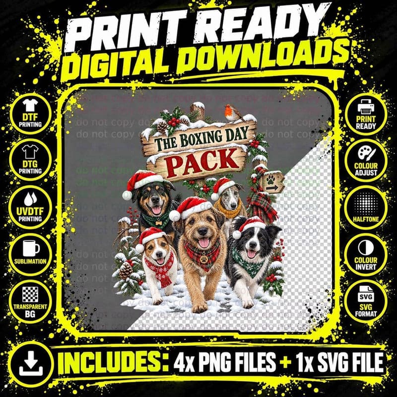 Rescue Dogs Christmas Boxing Day Pack Santa Hats Vintage Png SVG Digital Bundle