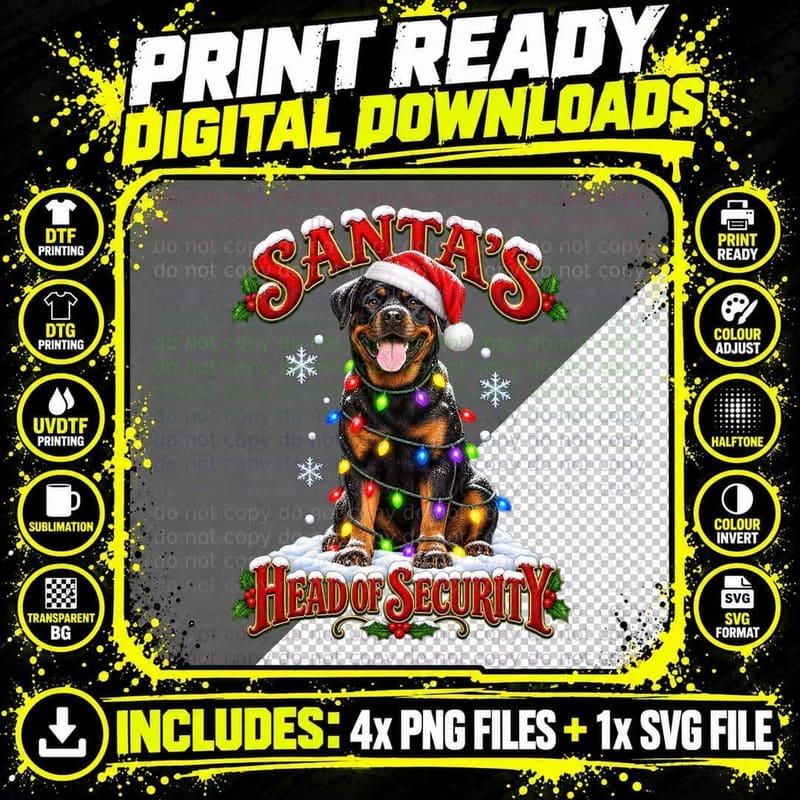Rottweiler Christmas Dog Santa Head Of Security Funny Png SVG Digital Bundle