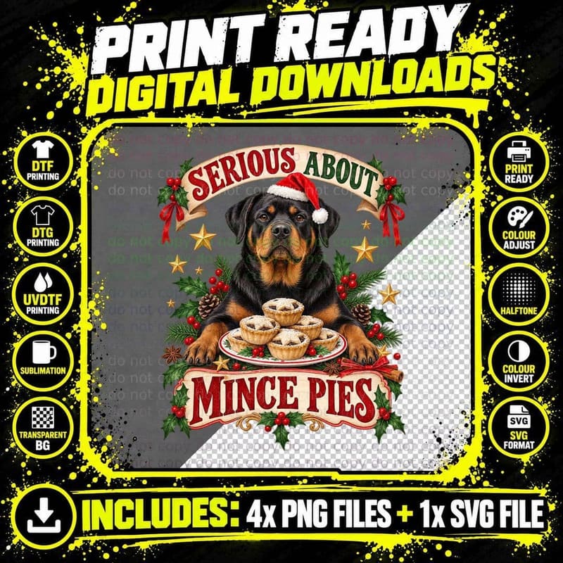 Rottweiler Christmas Mince Pie Dog Watercolor Funny Png SVG Digital Bundle