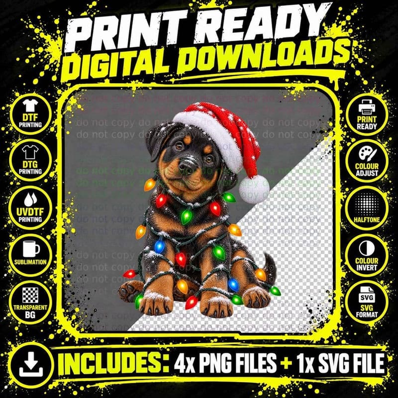 Rottweiler Puppy Christmas Dog Lover Holiday Tee Santa Png SVG Digital Bundle