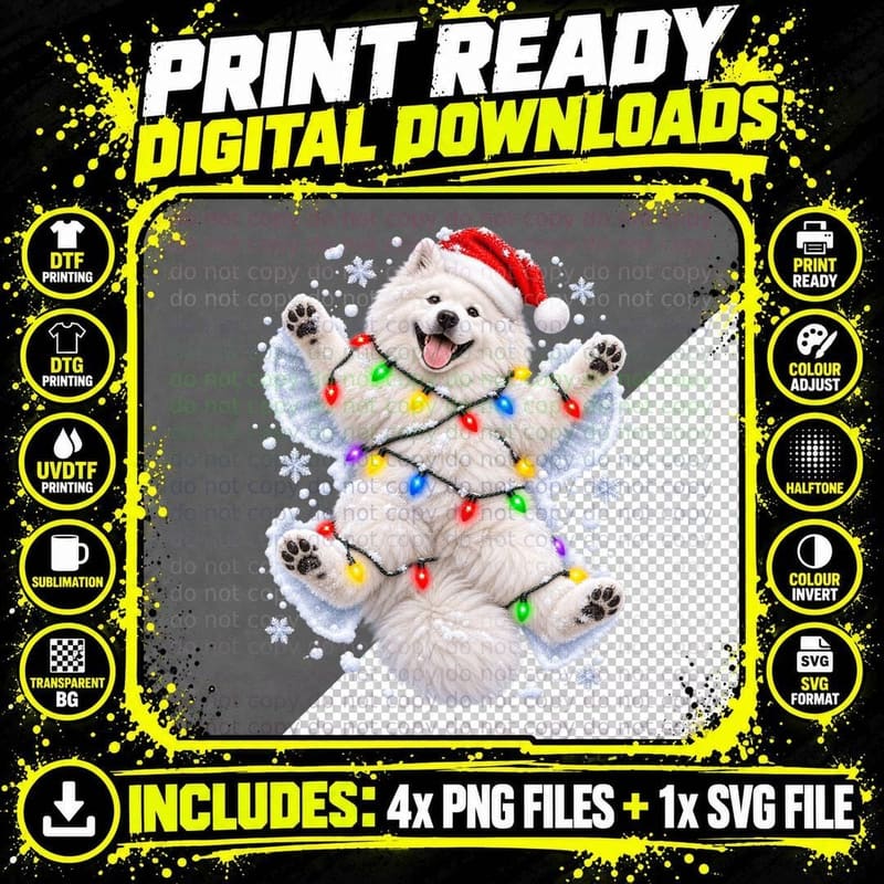 Samoyed Christmas Snow Angel Santa Hat Fairy Lights Fluffy White Dog T-Shirt Png SVG Digital Bundle
