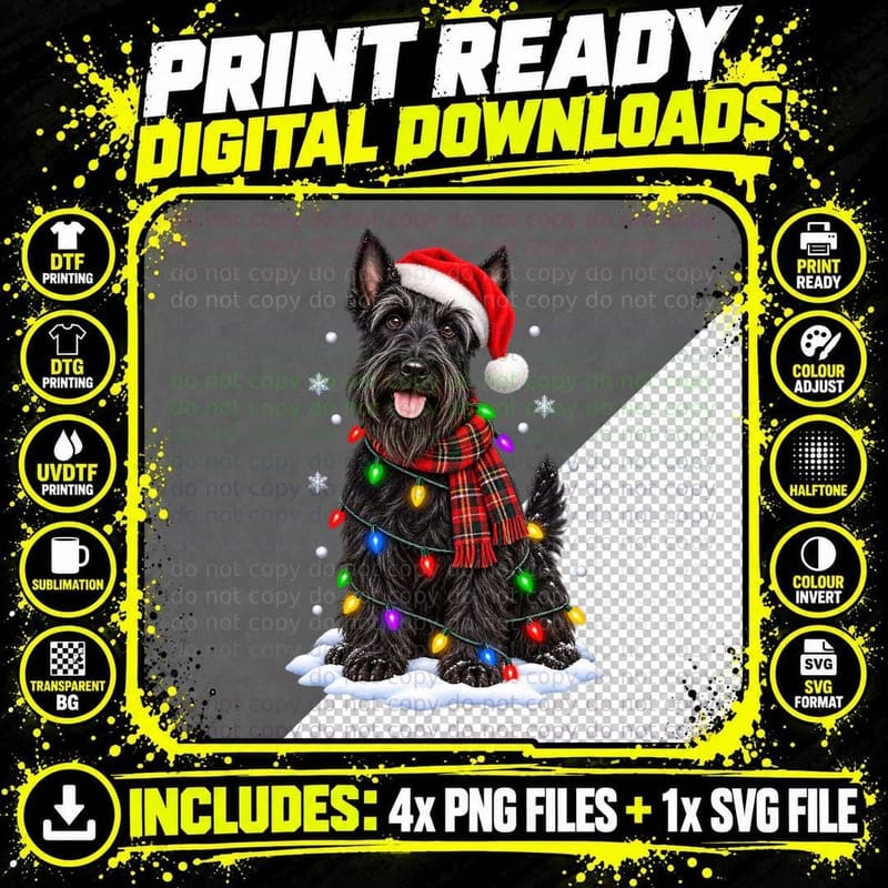 Scottish Terrier Christmas Dog Santa Hat Tartan Scarf Png SVG Digital Bundle