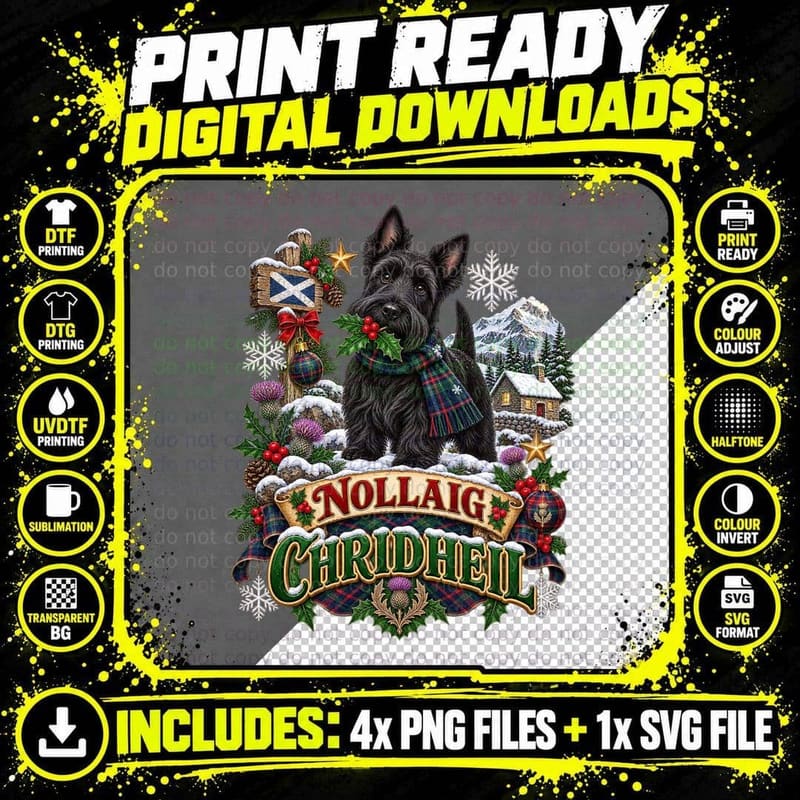 Scottish Terrier Christmas Nollaig Chridheil Highland Png SVG Digital Bundle
