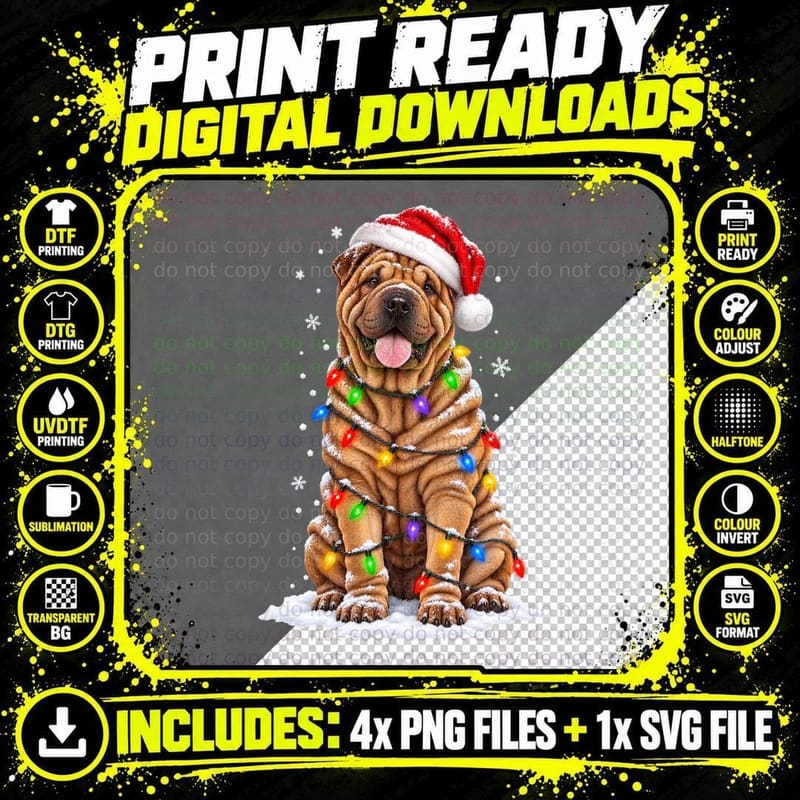 Shar Pei Christmas Dog Santa Hat Fairy Lights Snow Png SVG Digital Bundle