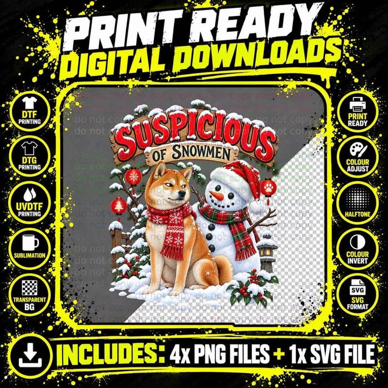 Suspicious Of Snowmen Shiba Inu Christmas Side Eye Red Scarf Funny Dog T-Shirt Png SVG Digital Bundle