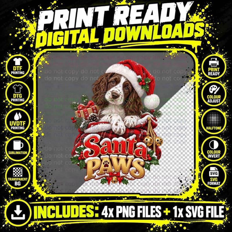 Springer Spaniel Christmas Puppy Fairy Lights Santa Png SVG Digital Bundle