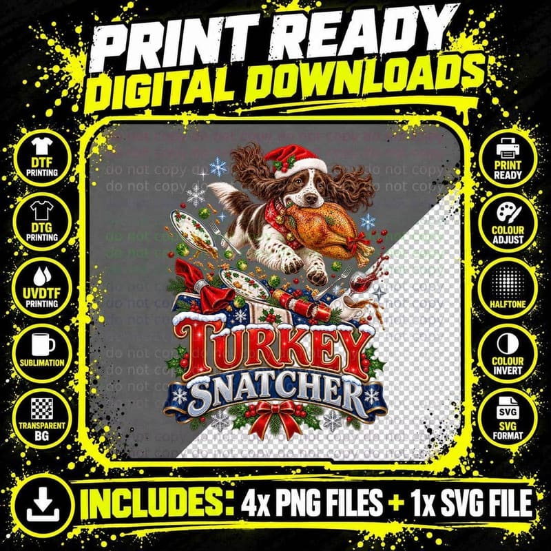 Springer Spaniel Christmas Turkey Snatcher Holiday Retro Png SVG Digital Bundle