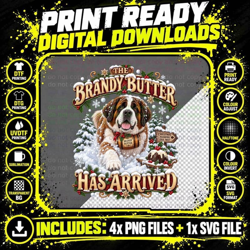 St Bernard Christmas Brandy Butter Funny Dog Festive Png SVG Digital Bundle
