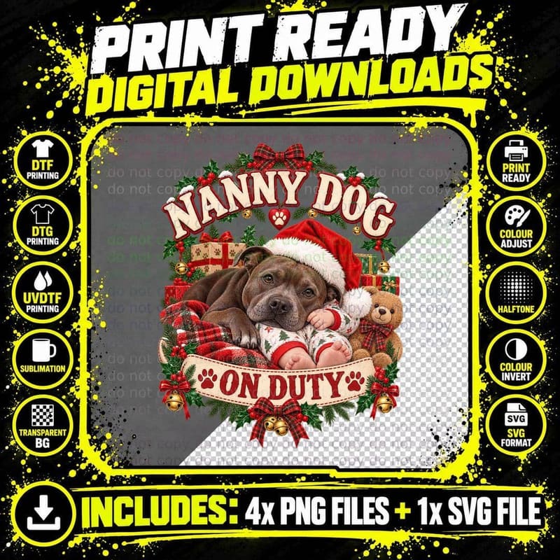 Staffordshire Bull Terrier Christmas Nanny Dog On Duty Png SVG Digital Bundle
