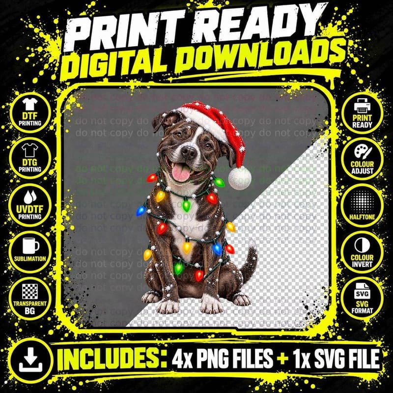 Staffy Cross Rescue Dog Christmas Santa Hat Fairy Lights Png SVG Digital Bundle