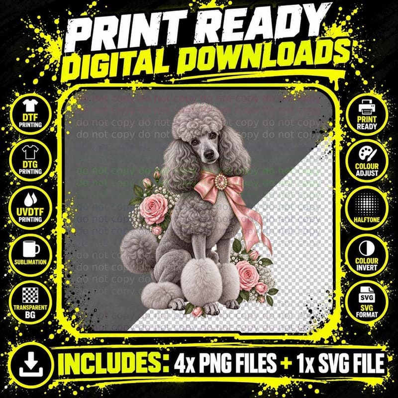 Standard Poodle Silver Grey Pink Satin Bow Roses Elegant Show Dog T-Shirt Png SVG Digital Bundle