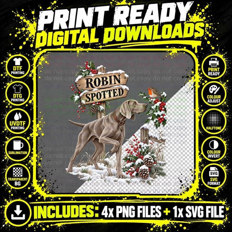 Weimaraner Christmas Robin Spotted Dog Lover Vintage Png SVG Digital Bundle