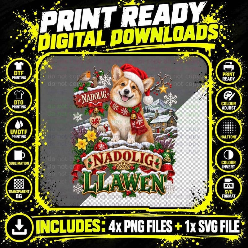 Welsh Corgi Christmas Nadolig Llawen Retro Welsh Dog Png SVG Digital Bundle