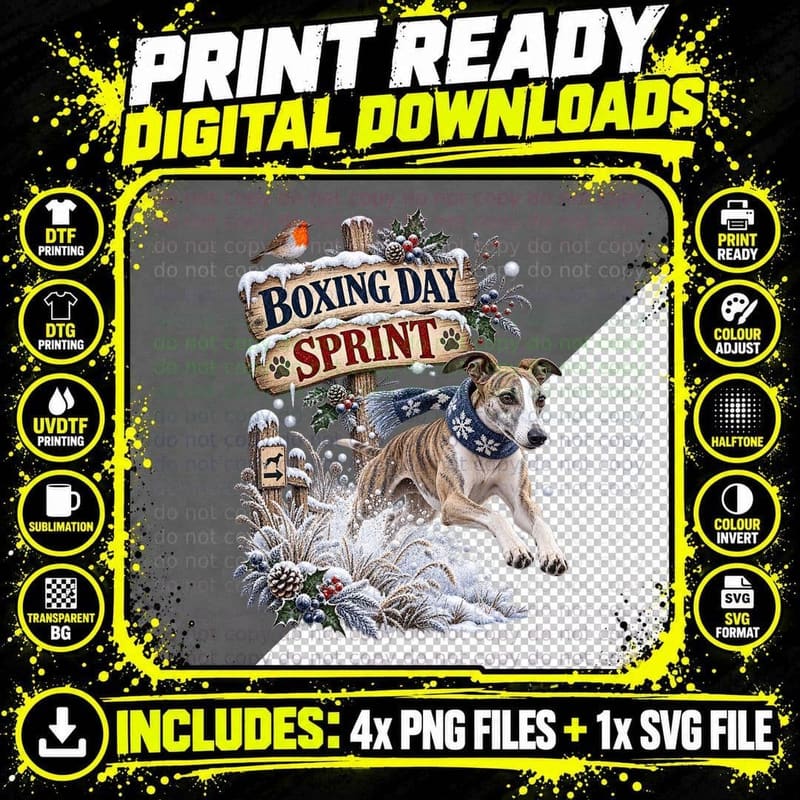 Whippet Christmas Boxing Day Sprint Dog Lover Vintage Png SVG Digital Bundle