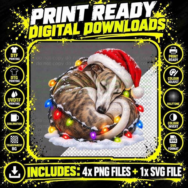 Whippet Christmas Santa Hat Fairy Lights Snow Cute Png SVG Digital Bundle