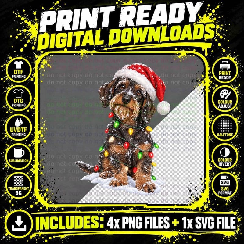 Wire Haired Dachshund Christmas Dog Vintage Painted Png SVG Digital Bundle