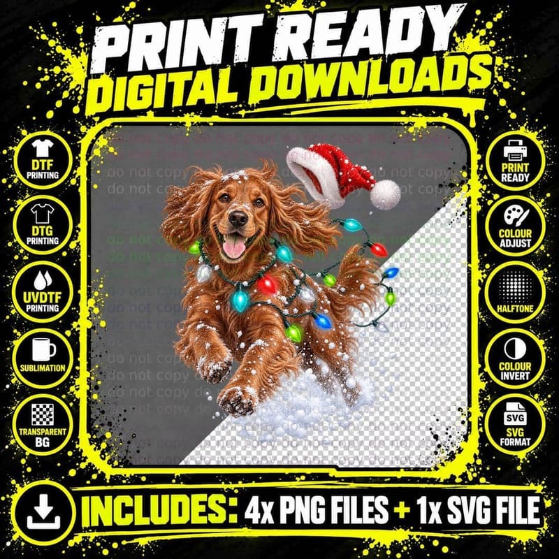Working Cocker Spaniel Christmas Dog Vintage Painted Png SVG Digital Bundle