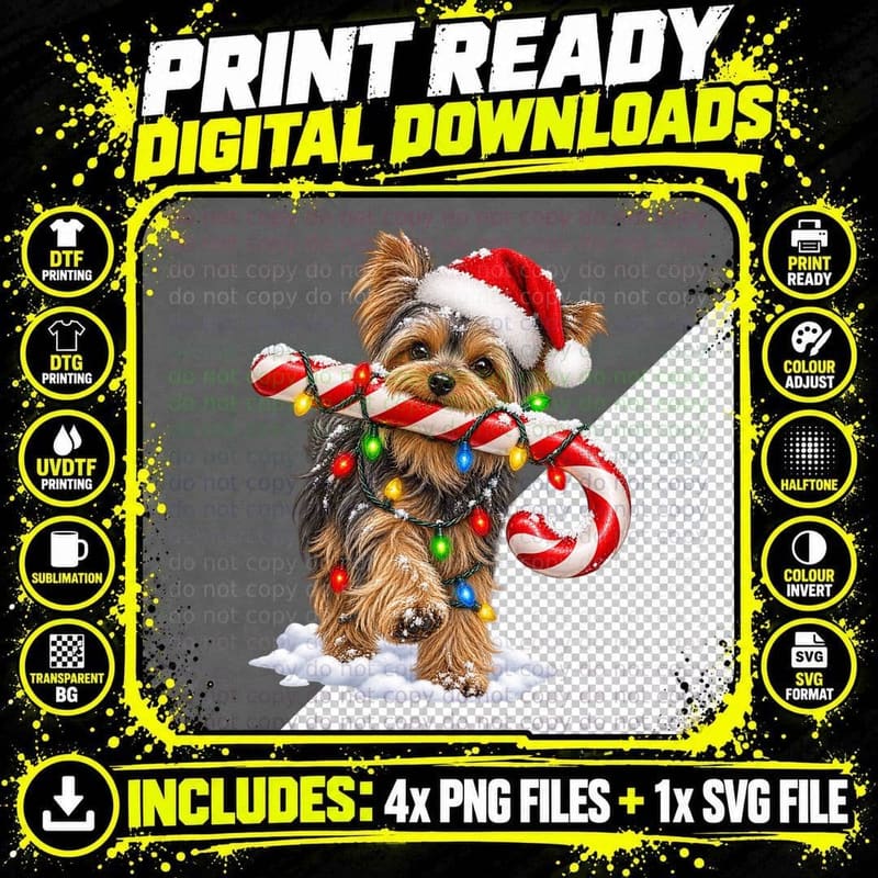 Yorkshire Terrier Christmas Candy Cane Fairy Lights Snow Png SVG Digital Bundle