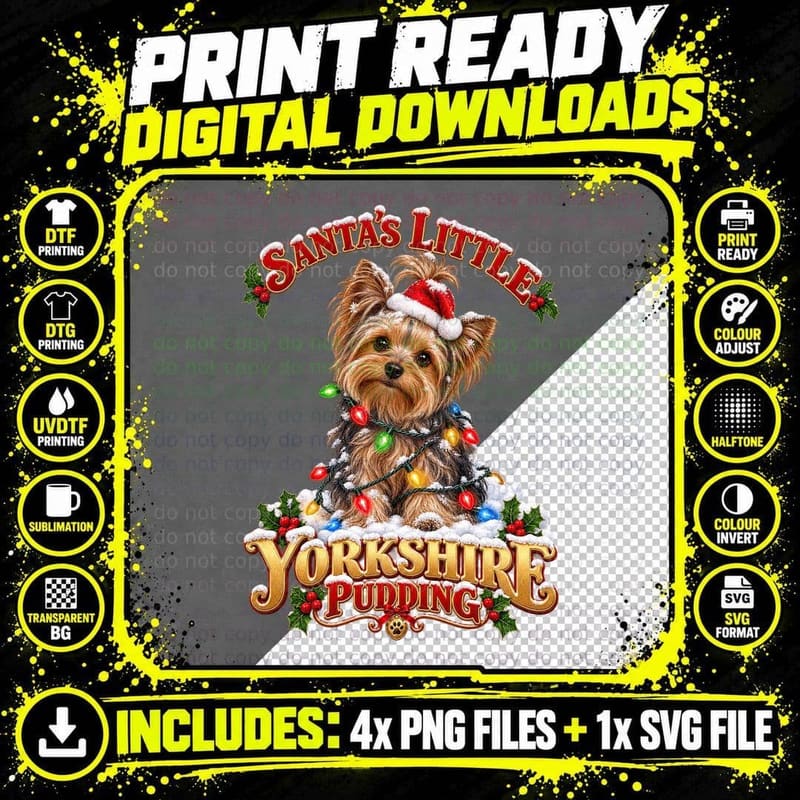 Yorkshire Terrier Christmas Dog Santa Hat Fairy Lights Png SVG Digital Bundle