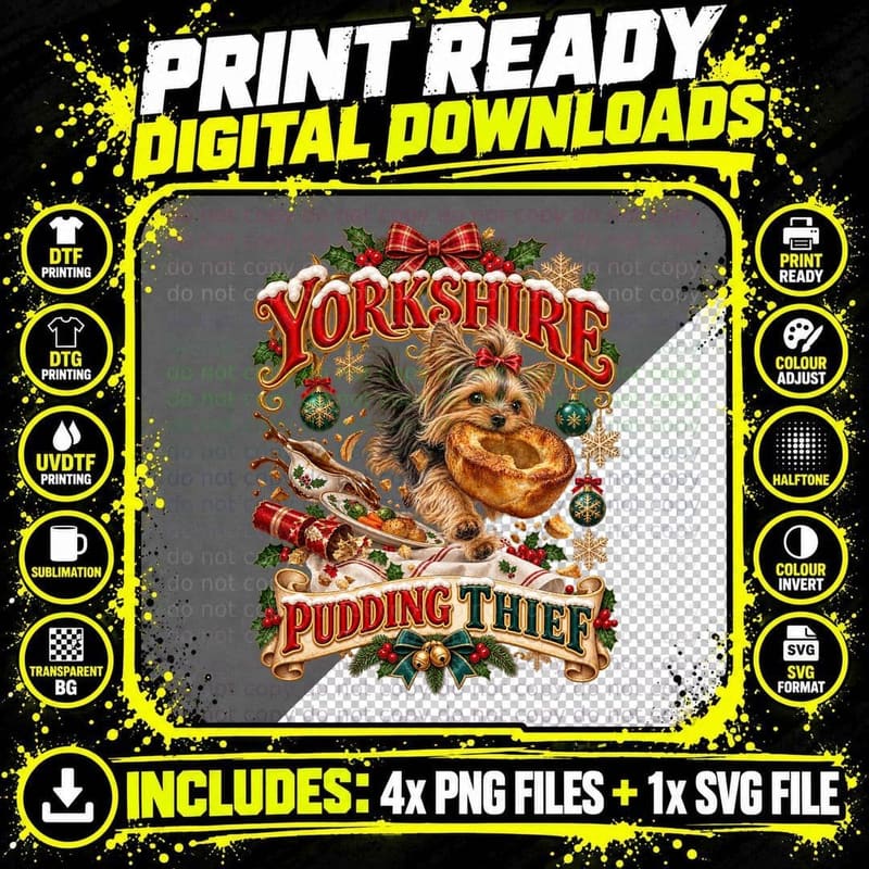 Yorkshire Terrier Christmas Pudding Thief Funny Yorkie Png SVG Digital Bundle