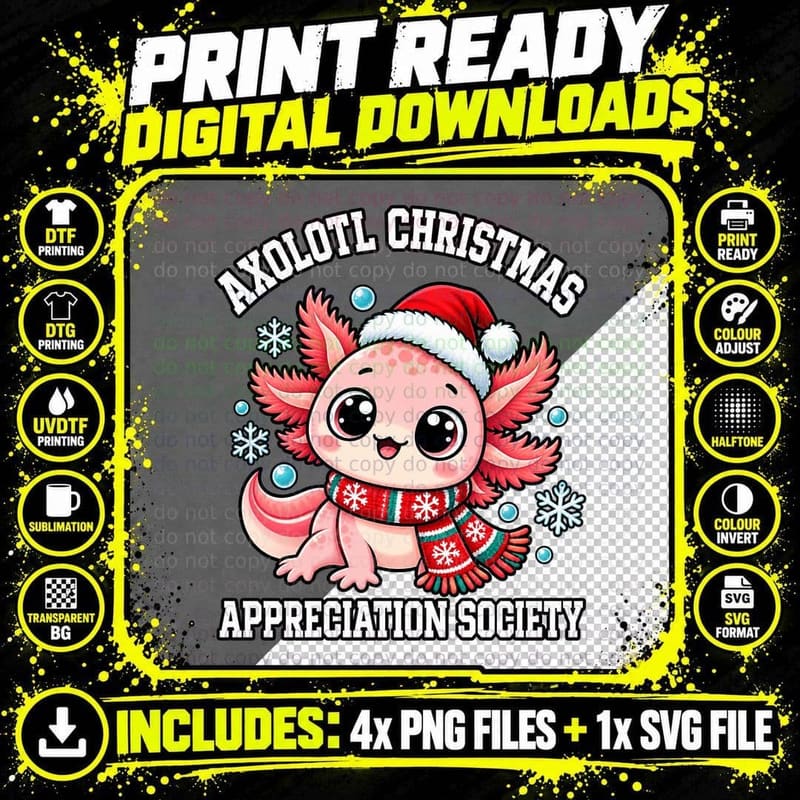 Axolotl Christmas Appreciation Society Cute Pink Santa Hat Scarf Kawaii T-Shirt Png SVG Digital Bundle